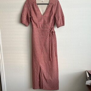 Plaid V-Neck Faux Wrap Maxi Dress